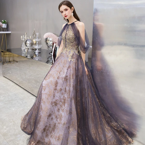 Fashion Purple Evening Dresses 2020 A-Line / Princess Scoop Neck Sleeveless Appliques Sequins Beading Sweep Train Ruffle Backless Formal Dresses