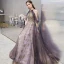 Fashion Purple Evening Dresses  2020 A-Line / Princess Scoop Neck Sleeveless Appliques Sequins Beading Sweep Train Ruffle Backless Formal Dresses