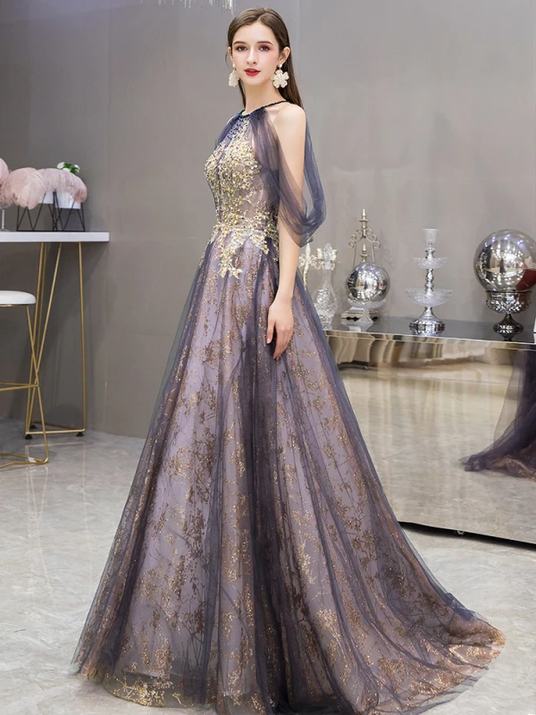 Fashion Purple Evening Dresses 2020 A-Line / Princess Scoop Neck Sleeveless Appliques Sequins Beading Sweep Train Ruffle Backless Formal Dresses