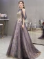 Fashion Purple Evening Dresses  2020 A-Line / Princess Scoop Neck Sleeveless Appliques Sequins Beading Sweep Train Ruffle Backless Formal Dresses
