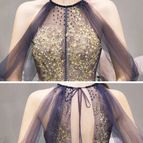 Fashion Purple Evening Dresses 2020 A-Line / Princess Scoop Neck Sleeveless Appliques Sequins Beading Sweep Train Ruffle Backless Formal Dresses