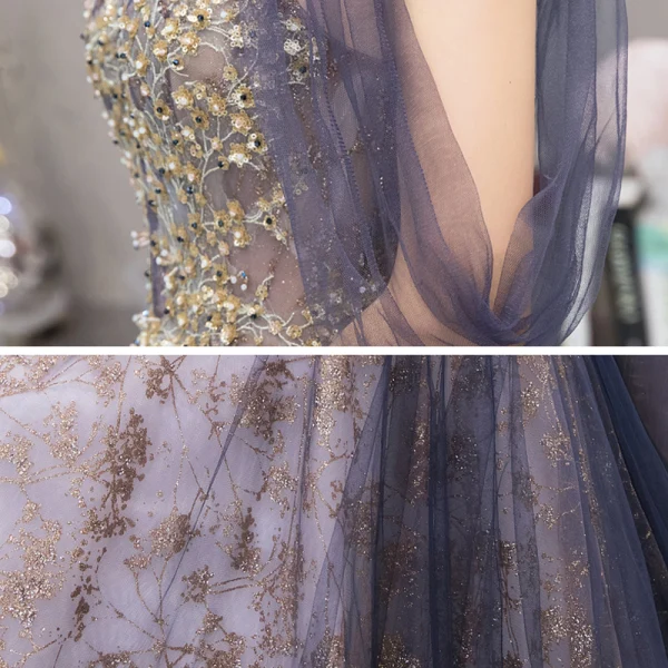 Fashion Purple Evening Dresses 2020 A-Line / Princess Scoop Neck Sleeveless Appliques Sequins Beading Sweep Train Ruffle Backless Formal Dresses