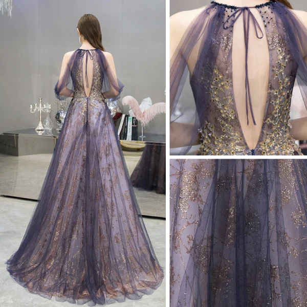 Fashion Purple Evening Dresses 2020 A-Line / Princess Scoop Neck Sleeveless Appliques Sequins Beading Sweep Train Ruffle Backless Formal Dresses