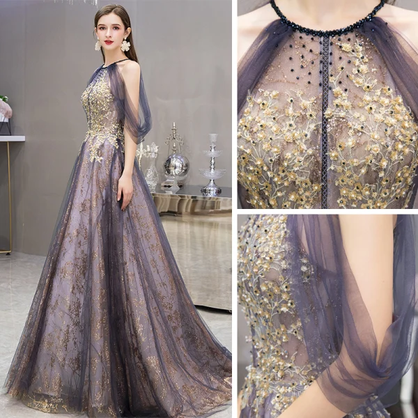 Fashion Purple Evening Dresses 2020 A-Line / Princess Scoop Neck Sleeveless Appliques Sequins Beading Sweep Train Ruffle Backless Formal Dresses