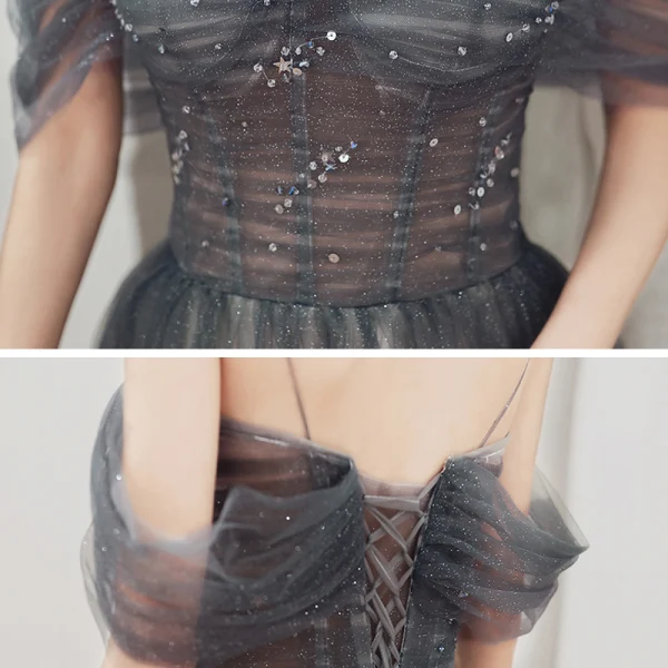 Eleganckie Szary Gradient-Kolorów Brązowy Sukienki Wieczorowe 2020 Princessa Spaghetti Pasy Kótkie Rękawy Frezowanie Cekiny Cekinami Tiulowe Długie Wzburzyć Bez Pleców