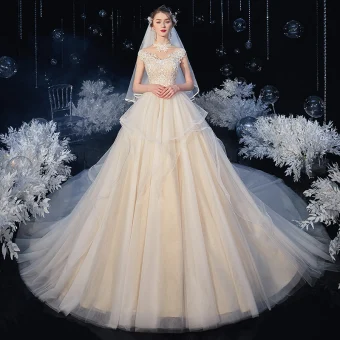 Vintage Originale Champagne La Mariée Robe De Mariée 2020 Robe Boule Transparentes Col Haut Sans Manches Dos Nu Appliques En Dentelle Chapel Train Volants