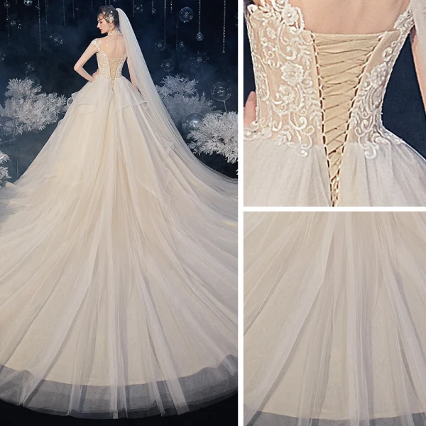 Vintage / Retro Champagne Bridal Wedding Dresses 2020 Ball Gown See-through High Neck Sleeveless Backless Appliques Lace Chapel Train Ruffle
