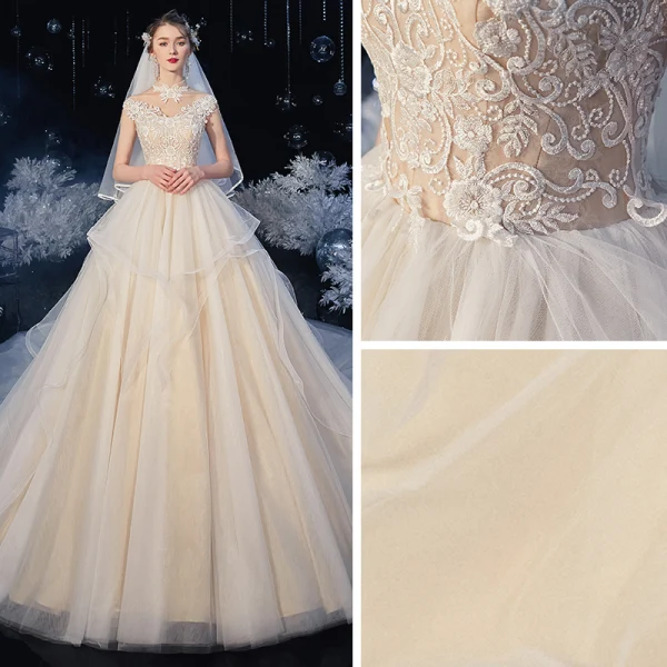 Vintage / Retro Champagne Bridal Wedding Dresses 2020 Ball Gown See-through High Neck Sleeveless Backless Appliques Lace Chapel Train Ruffle