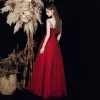Chic / Beautiful Red Prom Dresses 2020 A-Line / Princess Shoulders Sleeveless Beading Glitter Tulle Floor-Length / Long Ruffle Backless Formal Dresses