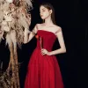 Chic / Beautiful Red Prom Dresses 2020 A-Line / Princess Shoulders Sleeveless Beading Glitter Tulle Floor-Length / Long Ruffle Backless Formal Dresses