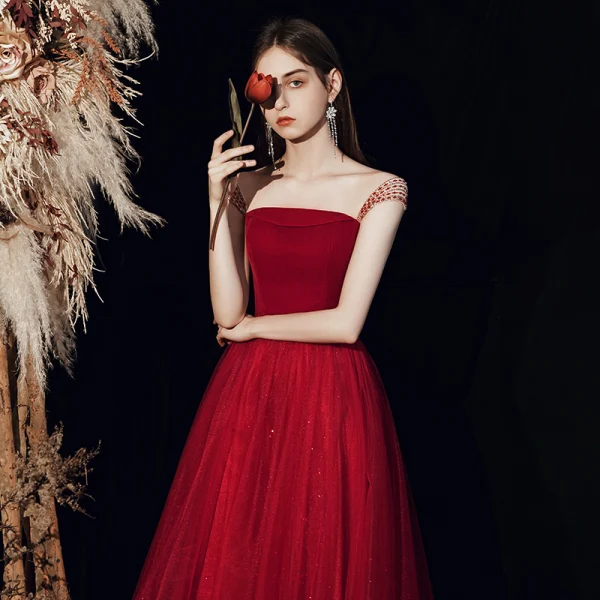 Chic / Beautiful Red Prom Dresses 2020 A-Line / Princess Shoulders Sleeveless Beading Glitter Tulle Floor-Length / Long Ruffle Backless Formal Dresses