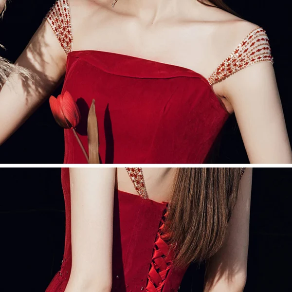 Chic / Beautiful Red Prom Dresses 2020 A-Line / Princess Shoulders Sleeveless Beading Glitter Tulle Floor-Length / Long Ruffle Backless Formal Dresses