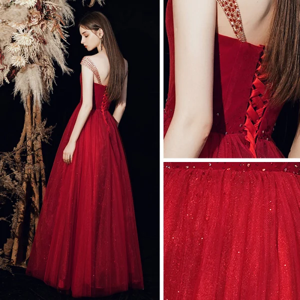Chic / Beautiful Red Prom Dresses 2020 A-Line / Princess Shoulders Sleeveless Beading Glitter Tulle Floor-Length / Long Ruffle Backless Formal Dresses