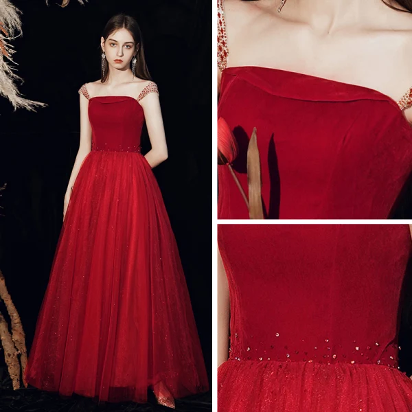 Chic / Beautiful Red Prom Dresses 2020 A-Line / Princess Shoulders Sleeveless Beading Glitter Tulle Floor-Length / Long Ruffle Backless Formal Dresses