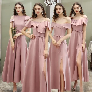 Affordable Blushing Pink Bridesmaid Dresses 2020 A Line Princess Short Sleeve Sash Split Front Ankle Length