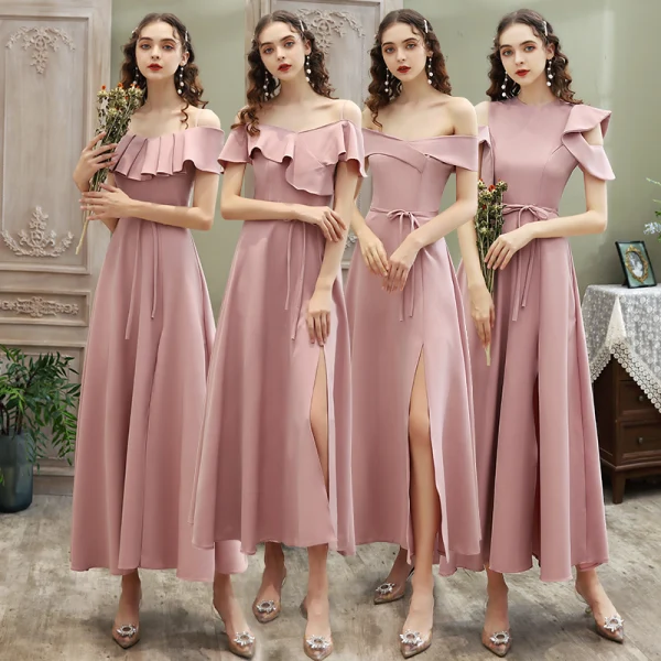 Affordable Blushing Pink Bridesmaid Dresses 2020 A-Line / Princess Short Sleeve Sash Split Front Ankle Length