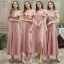 Affordable Blushing Pink Bridesmaid Dresses 2020 A-Line / Princess Short Sleeve Sash Split Front Ankle Length
