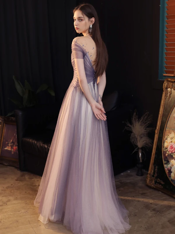 Eleganckie Winogrono Sukienki Wieczorowe 2020 Princessa Przezroczyste Wycięciem Kótkie Rękawy Frezowanie Cekinami Tiulowe Trenem Sweep Wzburzyć Bez Pleców Sukienki Wizytowe