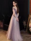Eleganckie Winogrono Sukienki Wieczorowe 2020 Princessa Przezroczyste Wycięciem Kótkie Rękawy Frezowanie Cekinami Tiulowe Trenem Sweep Wzburzyć Bez Pleców Sukienki Wizytowe
