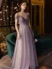 Elegant Grape Evening Dresses  2020 A-Line / Princess See-through Scoop Neck Short Sleeve Beading Glitter Tulle Sweep Train Ruffle Backless Formal Dresses