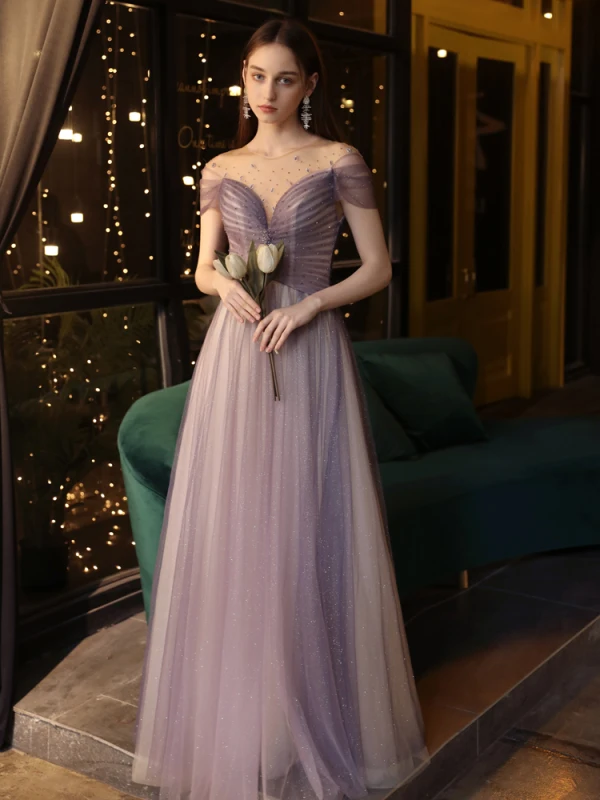 Eleganckie Winogrono Sukienki Wieczorowe 2020 Princessa Przezroczyste Wycięciem Kótkie Rękawy Frezowanie Cekinami Tiulowe Trenem Sweep Wzburzyć Bez Pleców Sukienki Wizytowe