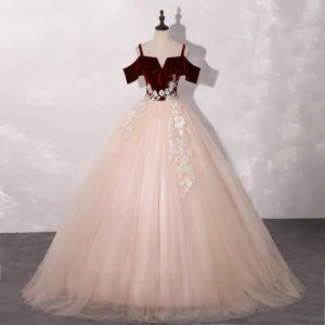 Chic Belle Rougissant Rose Bordeaux Robe De Bal 2020 Robe Boule Épaules Manches Courtes Appliques En Dentelle Longue Volants Dos Nu Robe De Ceremonie