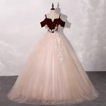 Chic Belle Rougissant Rose Bordeaux Robe De Bal 2020 Robe Boule Épaules Manches Courtes Appliques En Dentelle Longue Volants Dos Nu Robe De Ceremonie