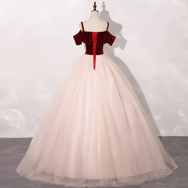Chic / Beautiful Blushing Pink Burgundy Prom Dresses 2020 Ball Gown Shoulders Short Sleeve Appliques Lace Floor-Length / Long Ruffle Backless Formal Dresses
