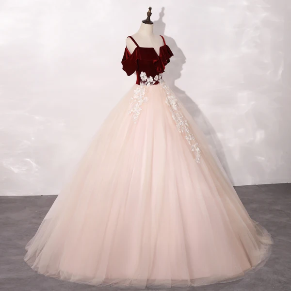 Chic / Beautiful Blushing Pink Burgundy Prom Dresses 2020 Ball Gown Shoulders Short Sleeve Appliques Lace Floor-Length / Long Ruffle Backless Formal Dresses