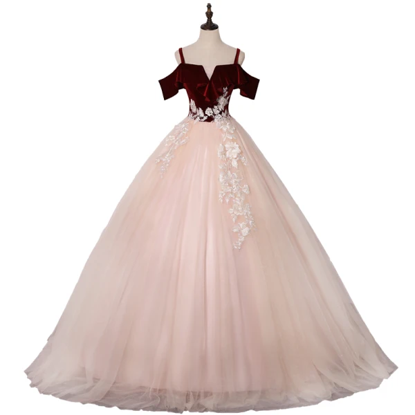 Chic / Beautiful Blushing Pink Burgundy Prom Dresses 2020 Ball Gown Shoulders Short Sleeve Appliques Lace Floor-Length / Long Ruffle Backless Formal Dresses