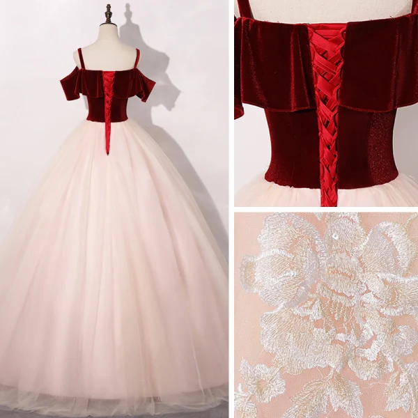 Chic / Beautiful Blushing Pink Burgundy Prom Dresses 2020 Ball Gown Shoulders Short Sleeve Appliques Lace Floor-Length / Long Ruffle Backless Formal Dresses