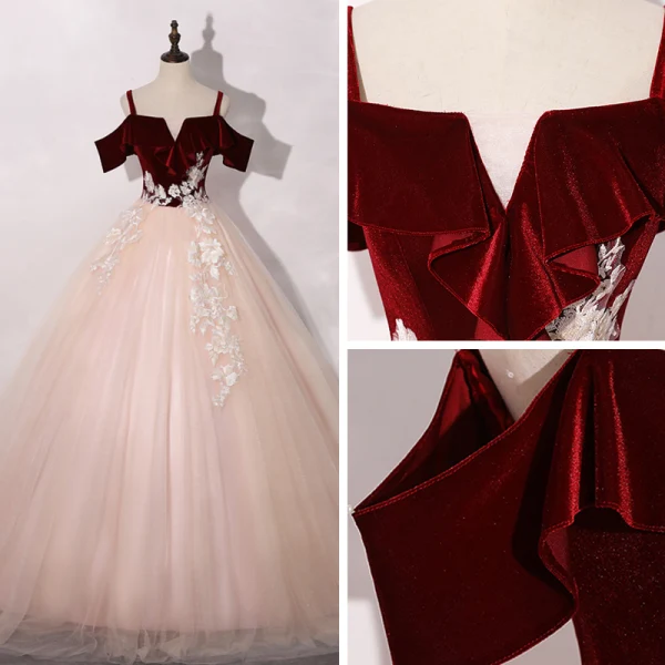 Chic / Beautiful Blushing Pink Burgundy Prom Dresses 2020 Ball Gown Shoulders Short Sleeve Appliques Lace Floor-Length / Long Ruffle Backless Formal Dresses