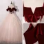 Chic / Beautiful Blushing Pink Burgundy Prom Dresses 2020 Ball Gown Shoulders Short Sleeve Appliques Lace Floor-Length / Long Ruffle Backless Formal Dresses