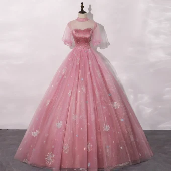 Vintage Retro Candy Pink Prom Dresses 2020 Ball Gown See Through High Neck Puffy Short Sleeve Rhinestone Appliques Lace Sequins Floor Length Long Ruffle