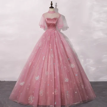 Vintage Cukierki Różowy Sukienki Na Bal 2020 Suknia Balowa Przezroczyste Wysokiej Szyi Bufiasta Kótkie Rękawy Rhinestone Aplikacje Z Koronki Cekiny Długie Wzburzyć