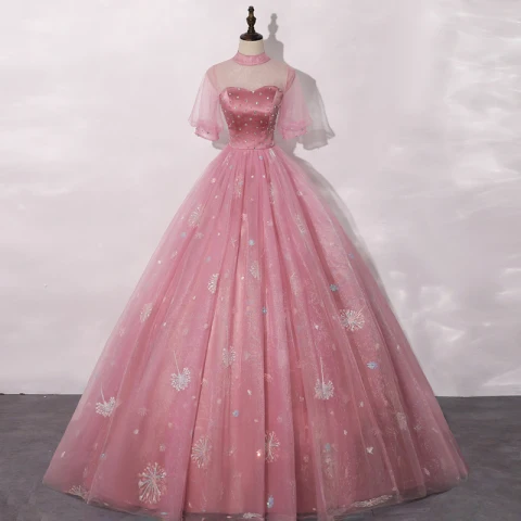 Vintage Cukierki Różowy Sukienki Na Bal 2020 Suknia Balowa Przezroczyste Wysokiej Szyi Bufiasta Kótkie Rękawy Rhinestone Aplikacje Z Koronki Cekiny Długie Wzburzyć