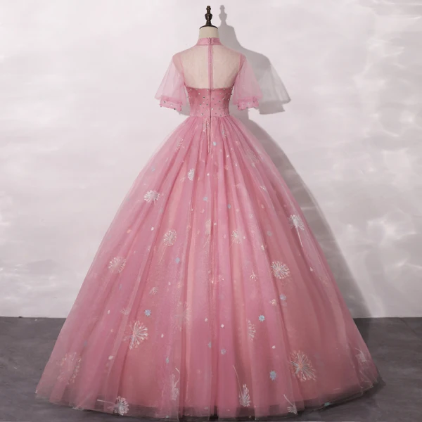 Vintage / Originale Rose Bonbon Robe De Bal 2020 Robe Boule Transparentes Col Haut Gonflée Manches Courtes Faux Diamant Appliques En Dentelle Paillettes Longue Volants