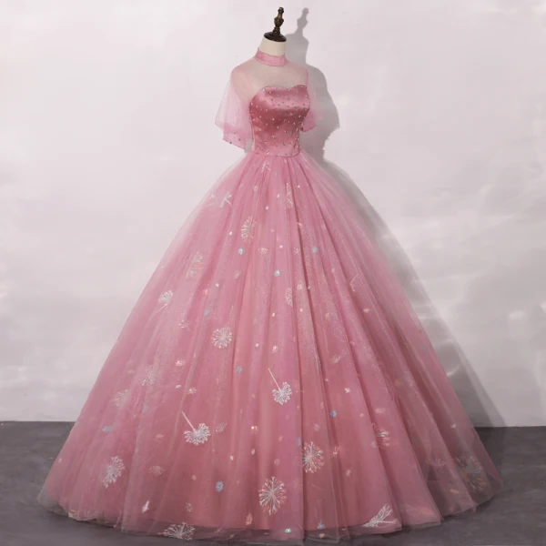 Vintage / Originale Rose Bonbon Robe De Bal 2020 Robe Boule Transparentes Col Haut Gonflée Manches Courtes Faux Diamant Appliques En Dentelle Paillettes Longue Volants