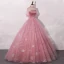 Vintage / Originale Rose Bonbon Robe De Bal 2020 Robe Boule Transparentes Col Haut Gonflée Manches Courtes Faux Diamant Appliques En Dentelle Paillettes Longue Volants