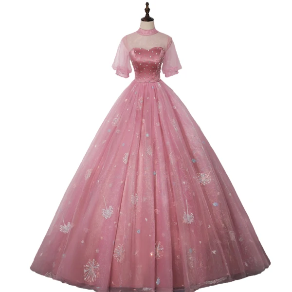 Vintage / Originale Rose Bonbon Robe De Bal 2020 Robe Boule Transparentes Col Haut Gonflée Manches Courtes Faux Diamant Appliques En Dentelle Paillettes Longue Volants