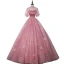 Vintage / Originale Rose Bonbon Robe De Bal 2020 Robe Boule Transparentes Col Haut Gonflée Manches Courtes Faux Diamant Appliques En Dentelle Paillettes Longue Volants