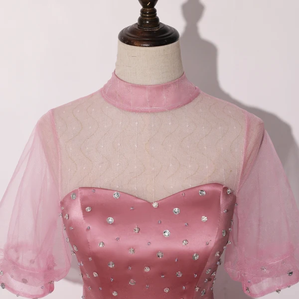 Vintage / Originale Rose Bonbon Robe De Bal 2020 Robe Boule Transparentes Col Haut Gonflée Manches Courtes Faux Diamant Appliques En Dentelle Paillettes Longue Volants