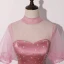 Vintage / Originale Rose Bonbon Robe De Bal 2020 Robe Boule Transparentes Col Haut Gonflée Manches Courtes Faux Diamant Appliques En Dentelle Paillettes Longue Volants