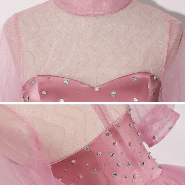 Vintage / Originale Rose Bonbon Robe De Bal 2020 Robe Boule Transparentes Col Haut Gonflée Manches Courtes Faux Diamant Appliques En Dentelle Paillettes Longue Volants