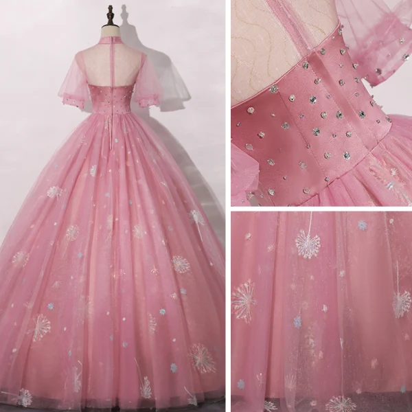 Vintage / Originale Rose Bonbon Robe De Bal 2020 Robe Boule Transparentes Col Haut Gonflée Manches Courtes Faux Diamant Appliques En Dentelle Paillettes Longue Volants