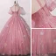 Vintage / Originale Rose Bonbon Robe De Bal 2020 Robe Boule Transparentes Col Haut Gonflée Manches Courtes Faux Diamant Appliques En Dentelle Paillettes Longue Volants