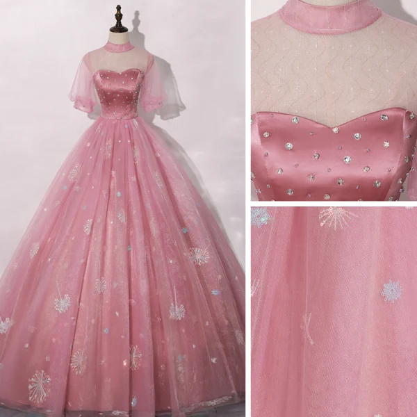 Vintage / Originale Rose Bonbon Robe De Bal 2020 Robe Boule Transparentes Col Haut Gonflée Manches Courtes Faux Diamant Appliques En Dentelle Paillettes Longue Volants