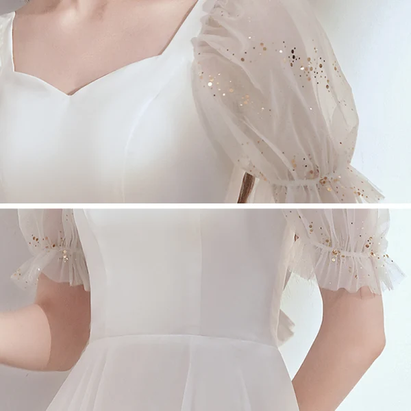 Chic / Belle Blanche Chiffon de retour Robe De Graduation 2020 Princesse Encolure Carrée Gonflée Manches Courtes Thé Longueur Volants Dos Nu Robe De Ceremonie