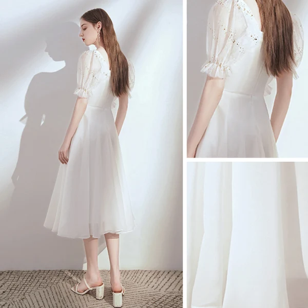 Chic / Belle Blanche Chiffon de retour Robe De Graduation 2020 Princesse Encolure Carrée Gonflée Manches Courtes Thé Longueur Volants Dos Nu Robe De Ceremonie