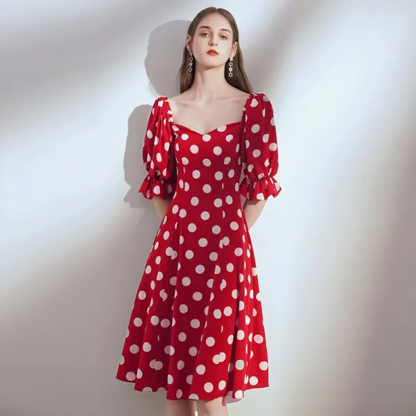Chic / Beautiful Red Chiffon Homecoming Graduation Dresses 2020 A-Line / Princess Square Neckline Puffy 1/2 Sleeves Spotted Knee-Length Ruffle Backless Formal Dresses